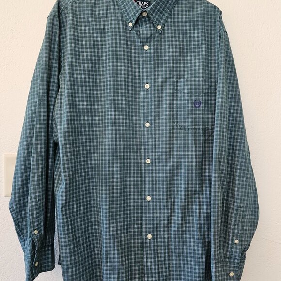 CHAPS Easy Care Men's XXL Shirt Green With Blue Stripes Button Down Long Sleeves - Picture 2 of 5
